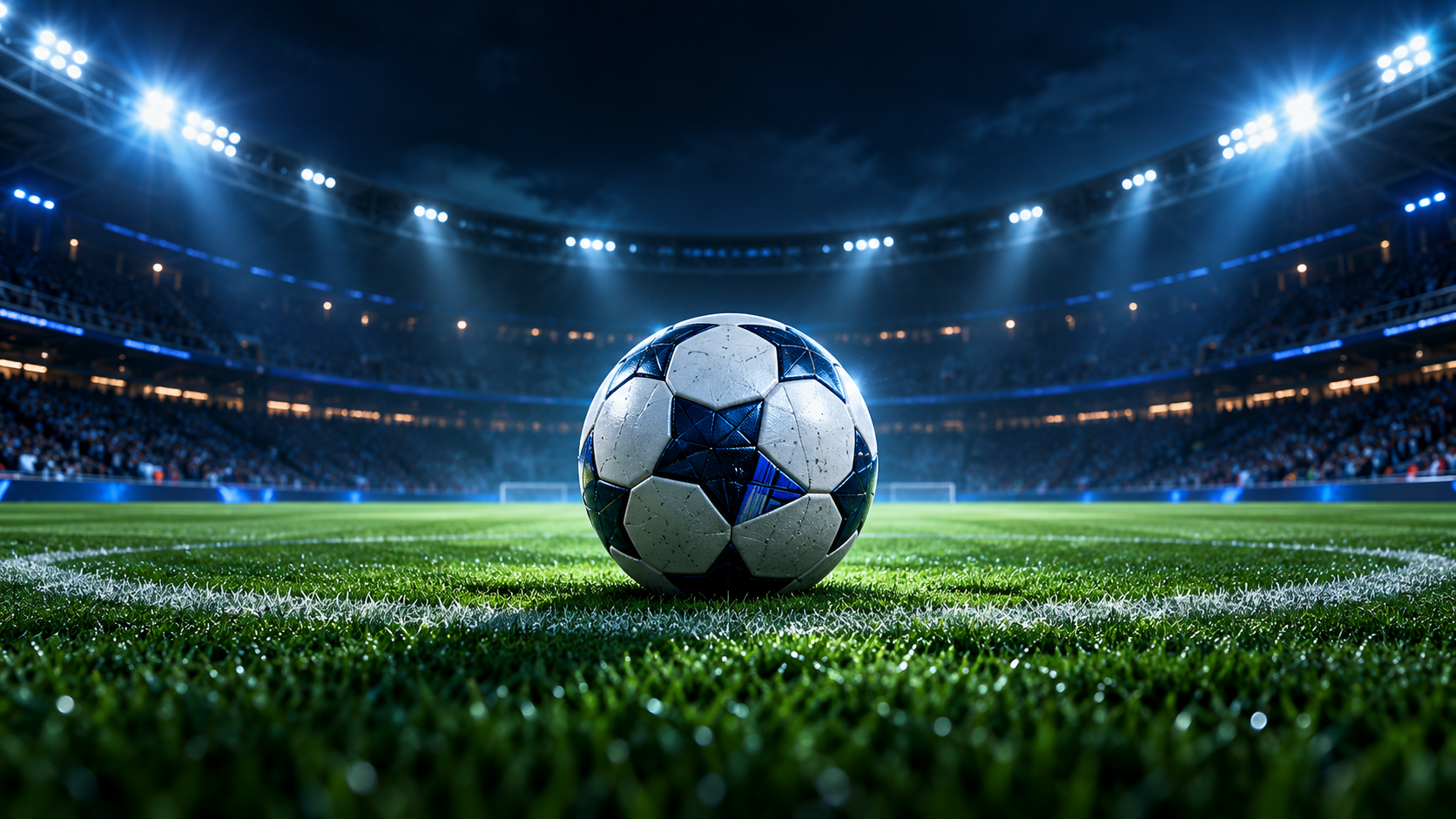Bola de futebol sobre gramado verde, com estádio ao fundo